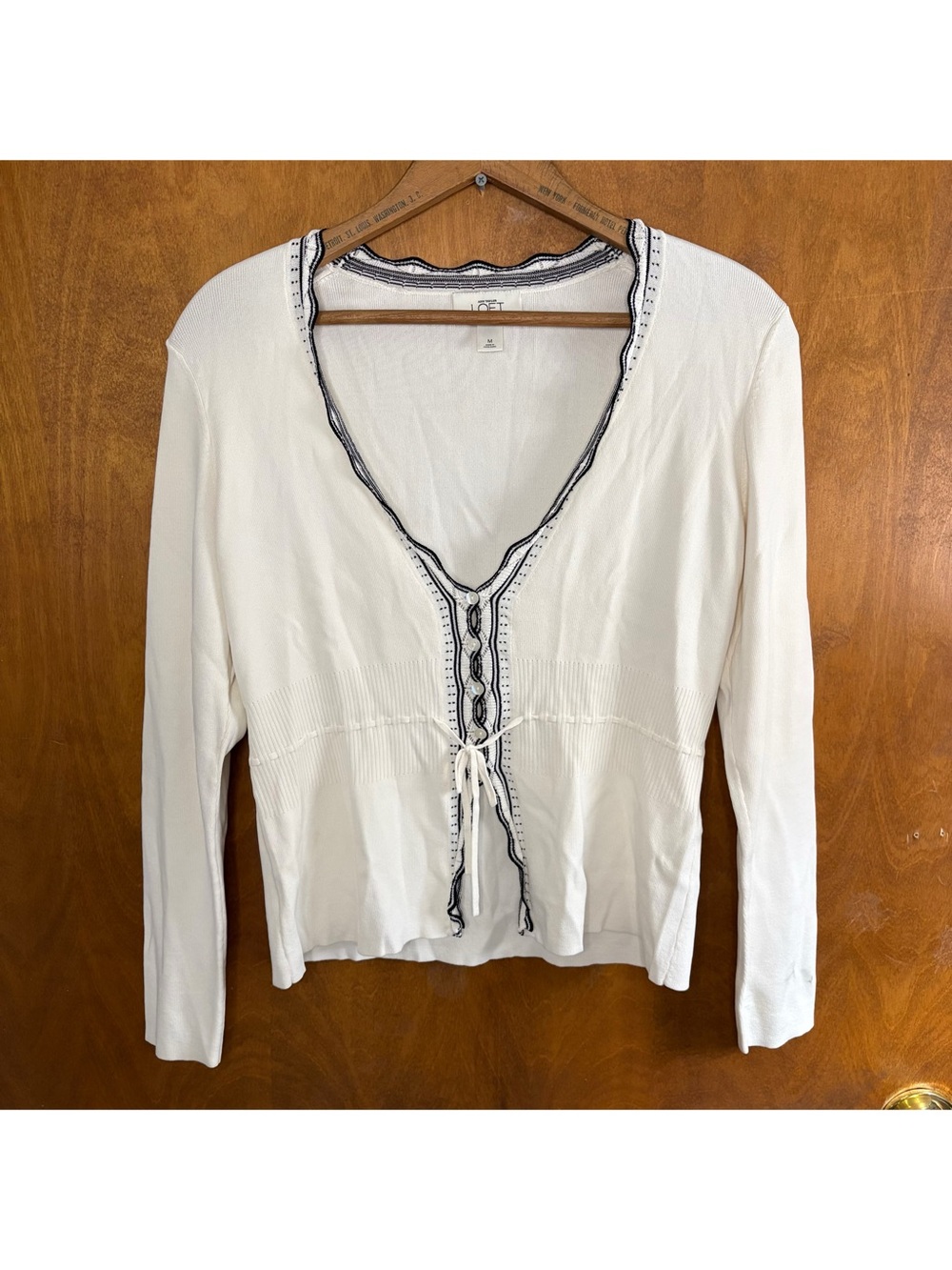 LOFT White Black Embroidered Babydoll Cardigan Sweater Preppy Coquette Y2K Retro